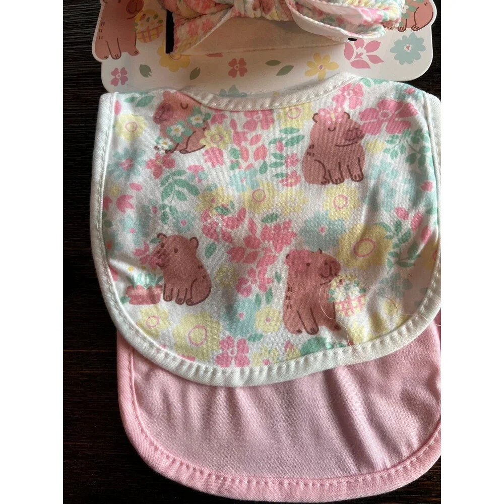 Ava Olivia Baby Girl Bib and Headband 4 PC Set Pink Rose and Floral Bow NEW